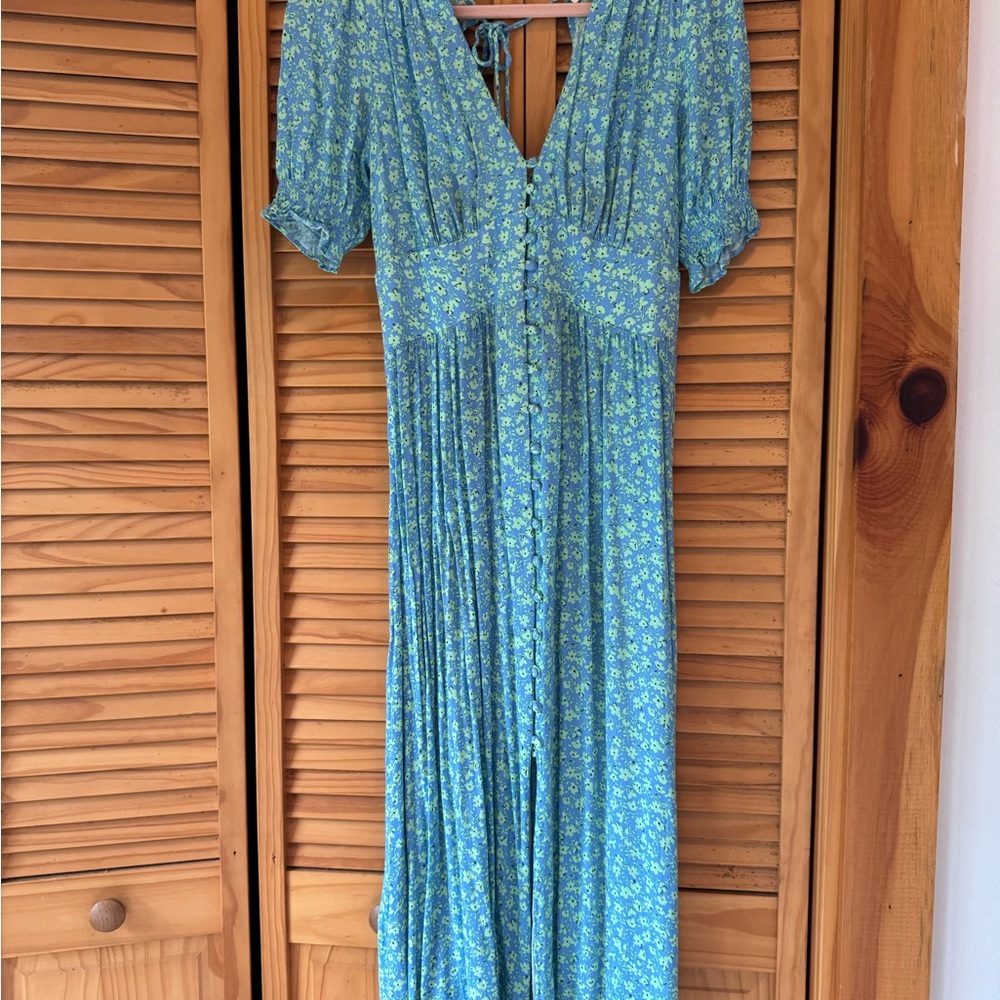 MANGO Floral Blue & Neon Green Dress